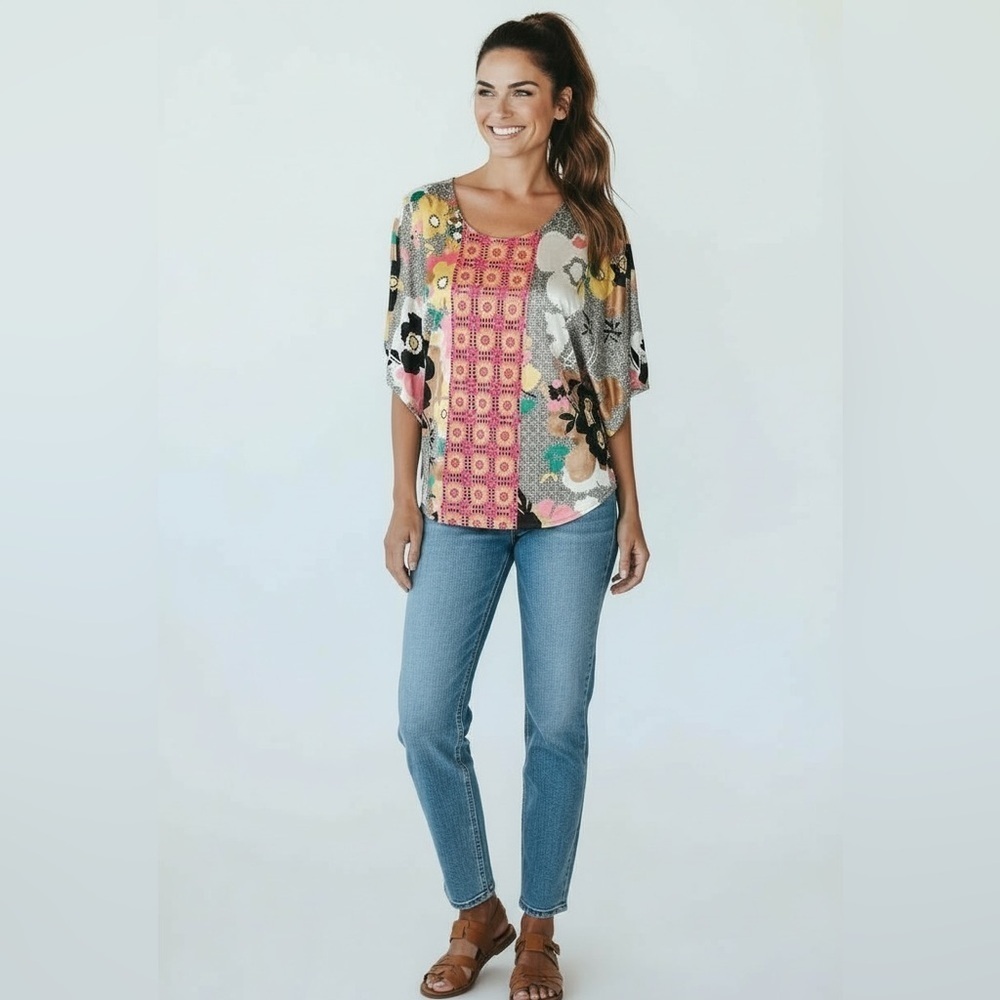 Bisou Bisou Women’s Patchwork Floral Blouse Size Medium